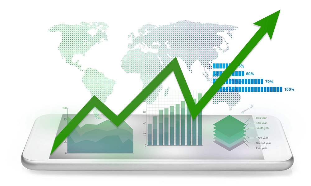 Financial charts and trend line going up from mobile phone, with world map in the background.